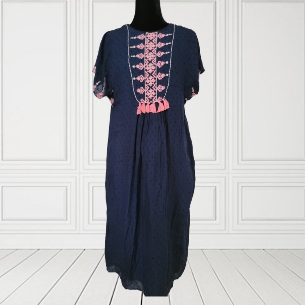TRF Collection NAVY BLUE SWISS DOT DRESS WITH EMBROIDERY